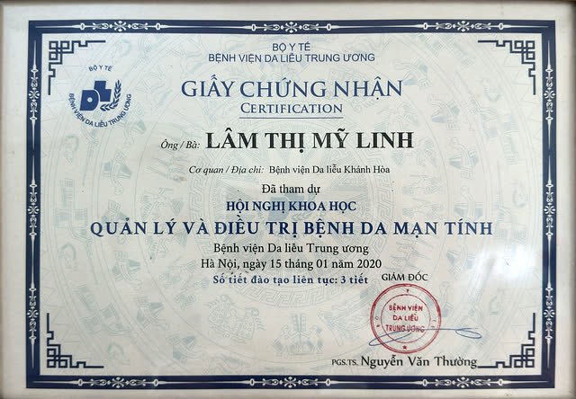 Giấy chứng nhận bác sĩ Lâm Thị Mỹ Linh tham dự Hội nghị khoa học Quản lý và điều trị bệnh da mạn tính của Bệnh viện Da liễu Trung ương năm 2020