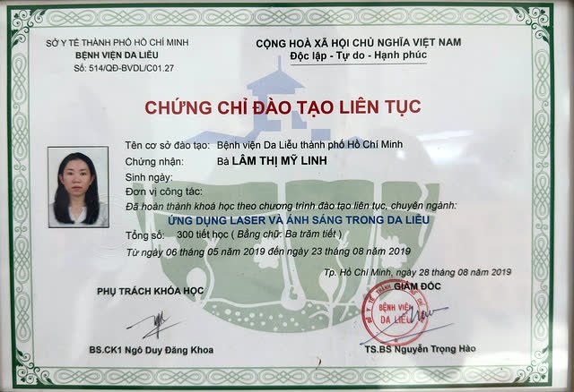 Chứng chỉ đào tạo liên tục Ứng dụng laser và ánh sáng trong da liễu của bác sĩ Lâm Thị Mỹ Linh, Bệnh viện Da liễu TP. Hồ Chí Minh cấp năm 2019
