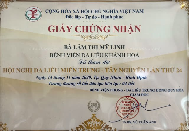 Giấy chứng nhận bác sĩ Lâm Thị Mỹ Linh tham dự Hội nghị Da liễu Miền Trung - Tây Nguyên lần thứ 24 tại Quy Nhơn năm 2020