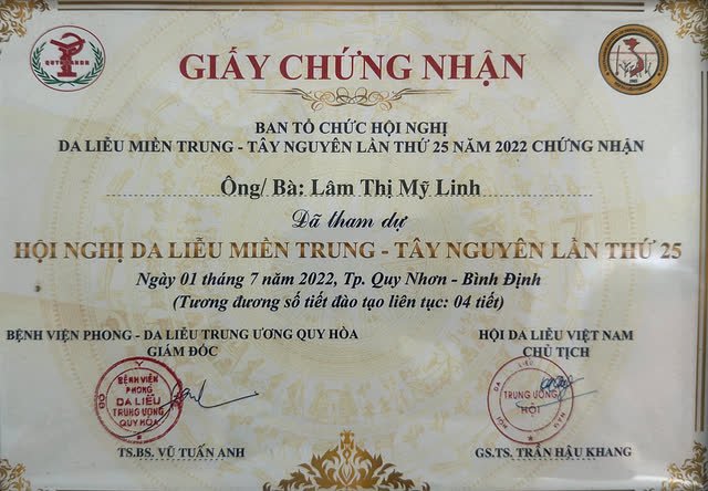 Giấy chứng nhận bác sĩ Lâm Thị Mỹ Linh tham dự Hội nghị Da liễu Miền Trung - Tây Nguyên lần thứ 25 tại Quy Nhơn năm 2022