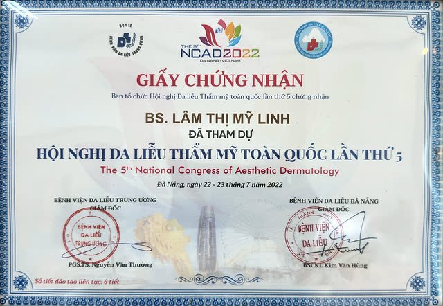 Giấy chứng nhận bác sĩ Lâm Thị Mỹ Linh tham dự Hội nghị Da liễu Thẩm mỹ toàn quốc lần thứ 5 tại Đà Nẵng năm 2022