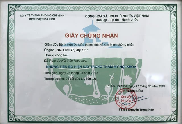 Giấy chứng nhận bác sĩ Lâm Thị Mỹ Linh tham dự Hội thảo khoa học Những tiến bộ hiện nay trong thẩm mỹ nội khoa của Bệnh viện Da liễu TP. Hồ Chí Minh năm 2019