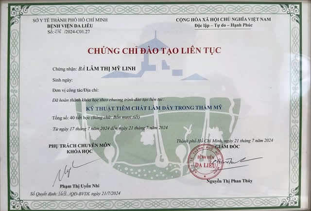 Chứng chỉ đào tạo liên tục Kỹ thuật tiêm chất làm đầy trong thẩm mỹ của bác sĩ Lâm Thị Mỹ Linh, Bệnh viện Da liễu TP. Hồ Chí Minh cấp năm 2024